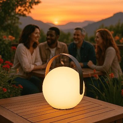 Boule lampe exterieur sur table en plein air