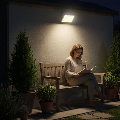 femme assise pres d une lampe solaire avec detecteur de mouvement