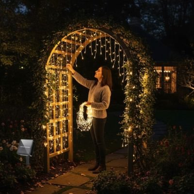 Guirlande led exterieur solaire installée sur une tonnelle