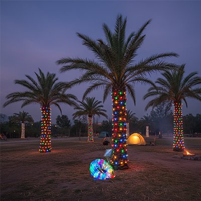 Guirlande solaire extérieur de qualité muticolore entoure palmier