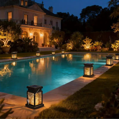 Lanterne extérieur décor et éclaire la piscine