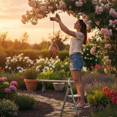 Lanterne solaire suspendue à une branche