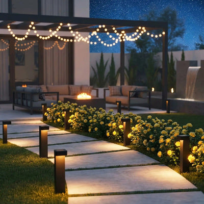 Luminaire extérieur sur pied en bordure du trottoir fleuri