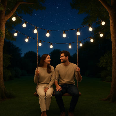 amoureux sur balançoire sous une guirlande lumineuse