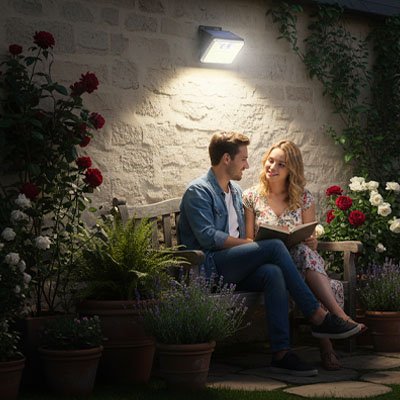 couple eclaire par une lampe solaire avec detecteur de mouvement