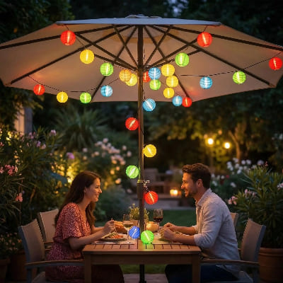 couple heureux sous parasol eclairé par une guirlande lampion exterieur