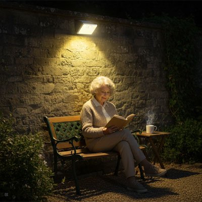 dame fait lecture sous une lampe solaire avec detecteur de mouvement