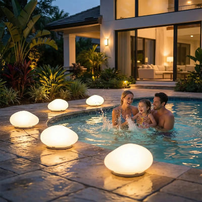 Eclairage de jardin éclaire une jeune famille joyeuse dans la piscine