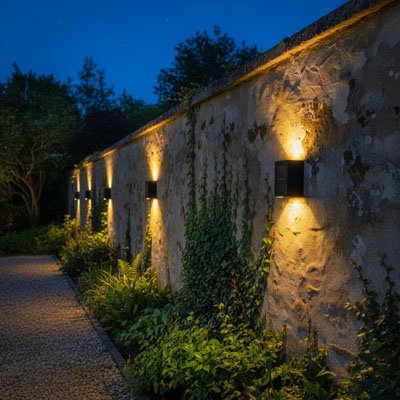 Eclairage extérieur mural ecoLED illumine mur de pierre