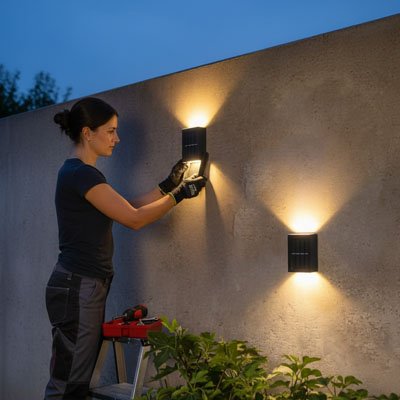 Eclairage extérieur mural installation facile par une jeune dame
