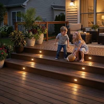 Éclairage terrasse extérieur illumine escalier et enfant