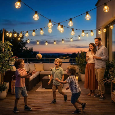 enfants s'amusent sous guirlande guinguette extérieur allumée