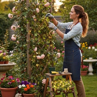 femme installe guirlande lumineuse lierre