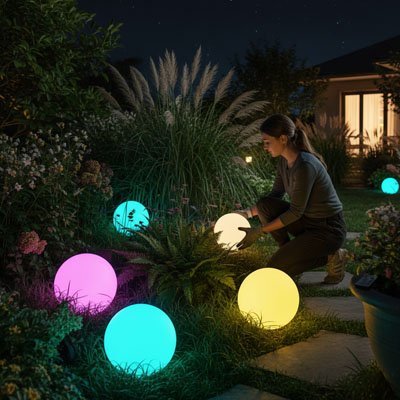 Femme installe lampe solaire de jardin 