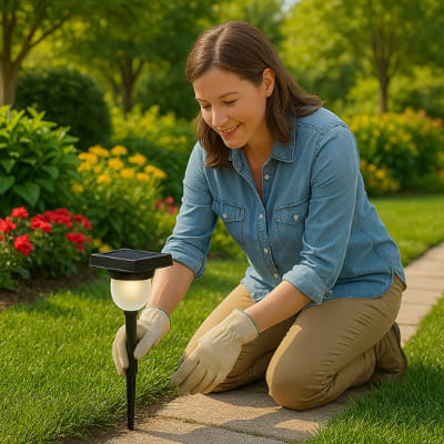 femme pose lampe exterieur detecteur de mouvement