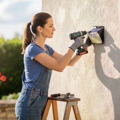 femme pose une lampe solaire avec detecteur de mouvement