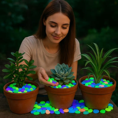 Fille joyeuse contemple galets d'éclairage extérieur dans trois pots