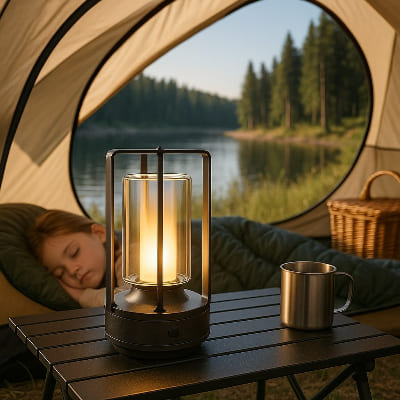 fillette dort sereinement avec lampe exterieur