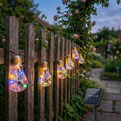 guirlande guinguette extérieur solaire led multicolore sur clôture