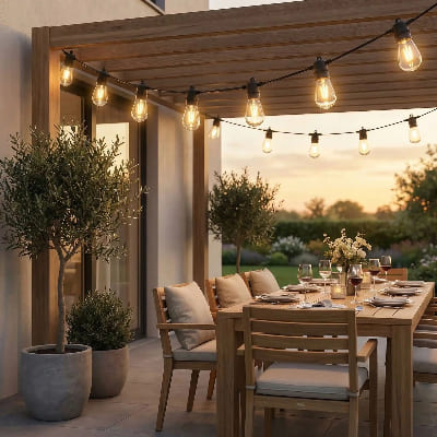 guirlande guinguette solaire puissante suspendue sous pergola