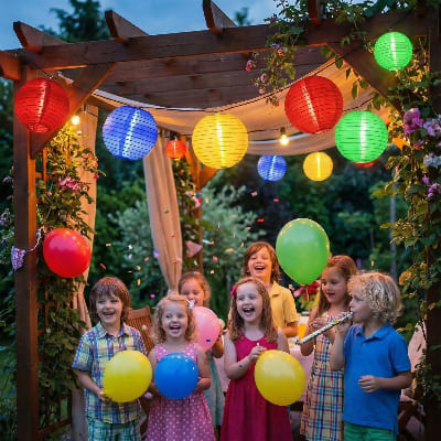 guirlande lampion exterieur sous pergola illumine fête d'enfant