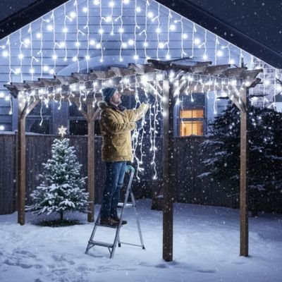 Guirlande led exterieur solaire installée par un homme en hiver