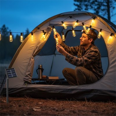 Guirlande led solaire installation par un homme