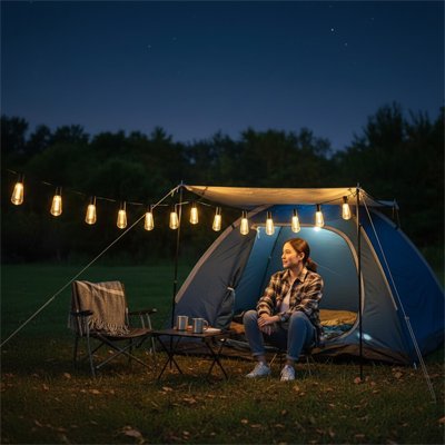 Guirlande led solaire suspendue sur poteau de tente