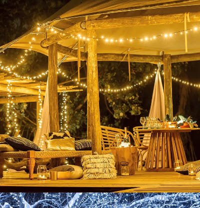 guirlande lumineuse 100m suspendue sous gazebo