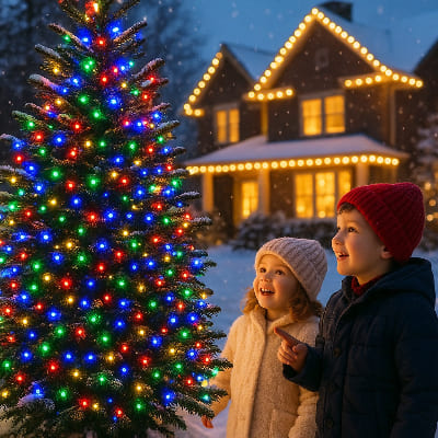 guirlande lumineuse extérieur 50 mètres multicolore dans un sapin