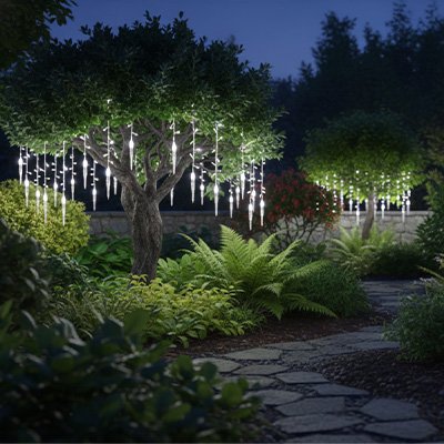 Guirlande lumineuse extérieur blanc froid dns un arbre