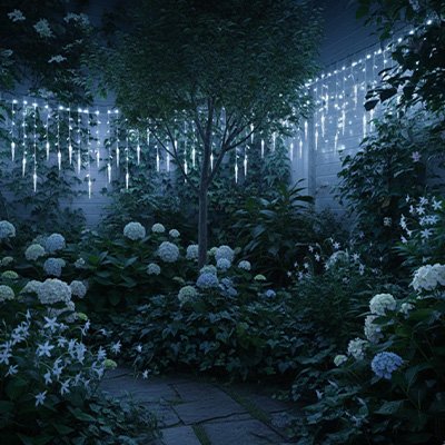 Guirlande lumineuse extérieur blanc froid sur cloture 