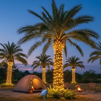 Guirlande solaire​  extérieur de qualité blanc chaud sur palmier 