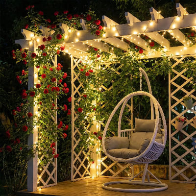 Guirlande solaire LED 50m sur pergola effet majestueux