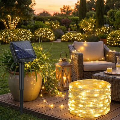 Guirlande solaire LED luminance 100m blanc chaud illumine jardin