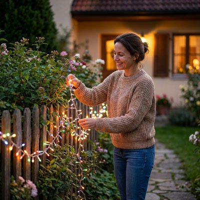 guirlande solaire multicolore installée au jardin par une dame