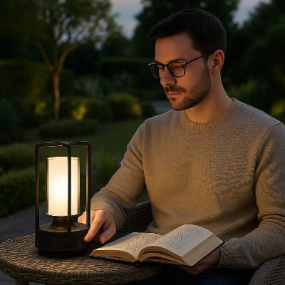 homme fait lecture avec lampe exterieur