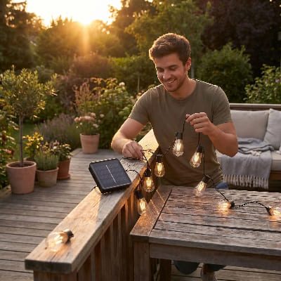 homme se prépare à installer une guirlande solaire guinguette