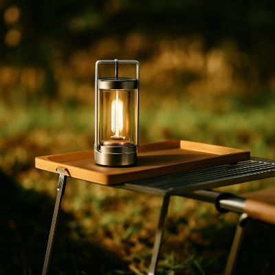lampe exterieur sur table pleine air argent
