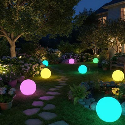 Lampe solaire de jarddin multicolore en bordure dallee