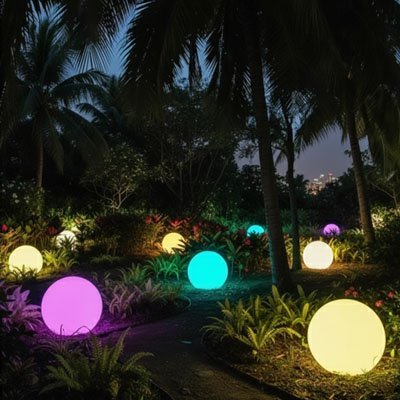 Lampe solaire de jardin sous palmier