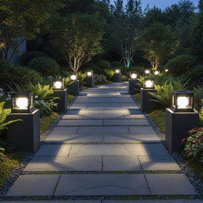 Lampe solaire exterieur sur pilier de béton en bordure d'une allée
