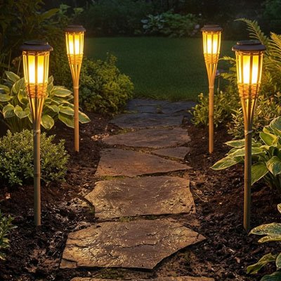Lampes solaires de jardin en bordure d'allée