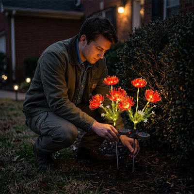 Lampes solaires pour le jardin installer par jeune homme sans outils