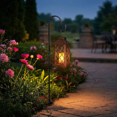 Lanterne bougie extérieur allumée suspendue sur crochet