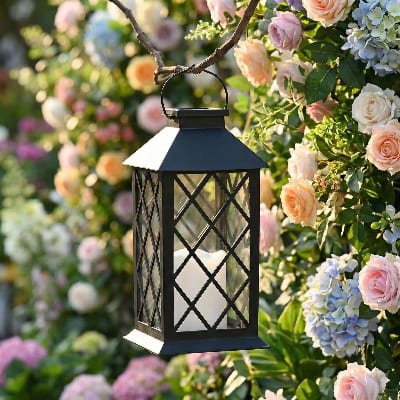 Lanterne bougie extérieure noire suspendue devant fleurs
