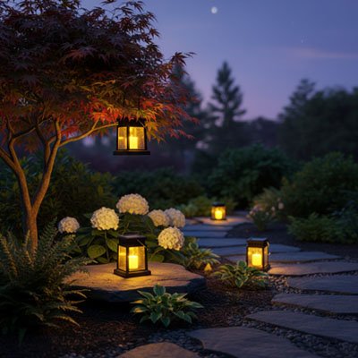 Lanterne extérieur éclaire le jardin fleuri