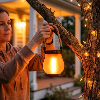 Lanterne exterieur solaire suspendue à un arbre
