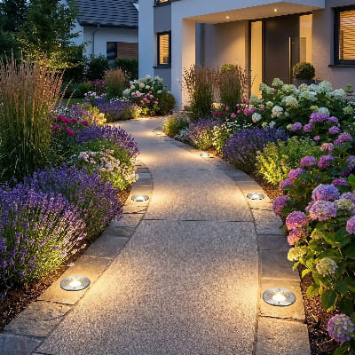 spot exterieur led en bordure d'une allée